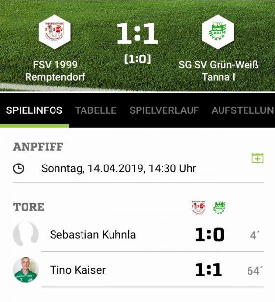 FSV 1999 Remptendorf – SG SV Grün-Weiß Tanna 1:1 (1:0)